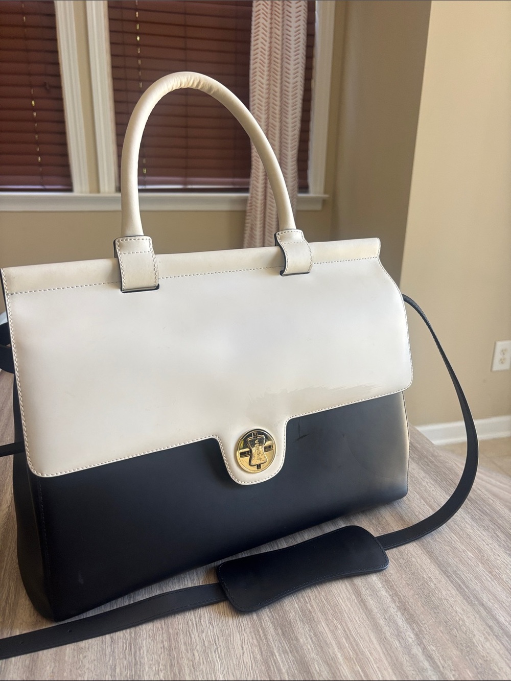 Two-Tone Cream and Black Leather Satchel with Gold-Tone Turn Lock